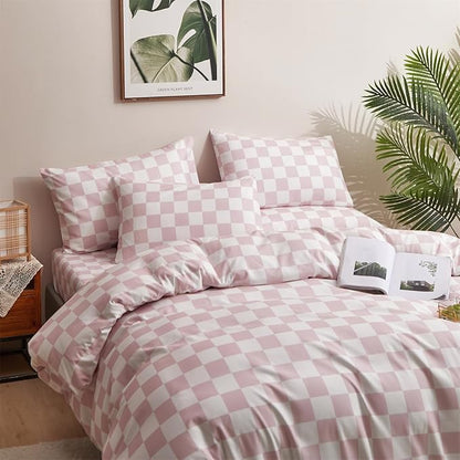 CLOTHKNOW Pink White Plaid Full Size Comforter Sets Grid Bedding Comforter Sets Soft Geometric Checker Comforter with 2 x Pillow Cases