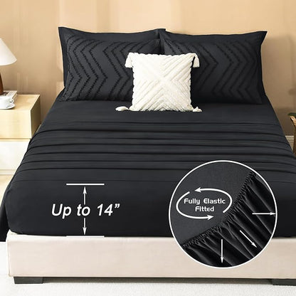 Litanika Super King Plus Size Comforter Set with Sheets Black - 7 Pieces Bed in a Bag Oversized King Boho Tufted Complete Bedding Sets with Comforter, Sheets, Pillowcases & Shams