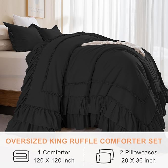 QSH 3PCs Black Ruffled Oversized King Comforter 120x120,Farmhouse Shabby French Country Chic Ruffle Bed Comforter Set Boho Lightweight Ultra Soft Microfiber California King Comforter with Pillowcases