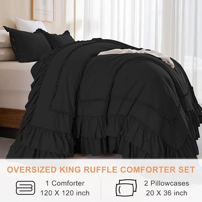 QSH 3PCs Black Ruffled Oversized King Comforter 120x120,Farmhouse Shabby French Country Chic Ruffle Bed Comforter Set Boho Lightweight Ultra Soft Microfiber California King Comforter with Pillowcases