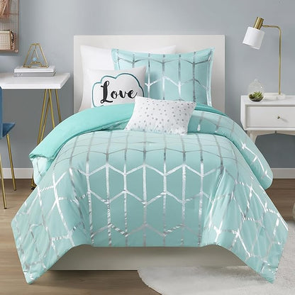 Intelligent Design Raina Twin / Twin XL Comforter Set, Soft Microfiber Comforter Set Twin, Modern Geometric Metallic Bed Set, 4 Pieces College Bedding Comforter Set with 1 Sham, 2 Toss Pillows Aqua