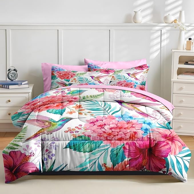 Nesker 7 Pcs Spring Comforter Set Queen Size, Hummingbird Floral Bedding Set for Kids and Adults, Pink Tropical Botanical Bed Sheet Sets with Fitted Sheet 2 Pillowcases & 2 Shams