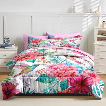 Nesker 7 Pcs Spring Comforter Set Full Size, Hummingbird Floral Bedding Set for Kids and Adults, Pink Tropical Botanical Bed Sheet Sets with Fitted Sheet 2 Pillowcases & 2 Shams