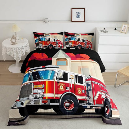 Erosebridal Fire Truck Bedding Set for Boys, Cartoon Fire Rescue Vehicle Comforter Set Child Car Down Comforter, Bedroom Decorations Quilted Duvet for Kids Teens Child Teenager Girls, Twin Size