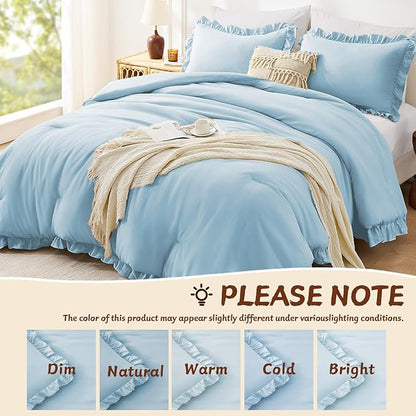 FUANNA King Size Comforter Set Light Blue, 3 Pieces Ruffle King Bedding Set, Fluffy Farmhouse Bed in a Bag King with 1 Lightweight Comforter & 2 Pillowshams