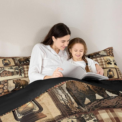 Feelyou Bear Comforter Set Queen Size Wildlife Hunting Bedding Set for Kids Boys Girls Rustic Cabin Duvet Quilt Farmhouse Bedroom Decor Microfiber 3 Pcs with 2 Pillow Cases