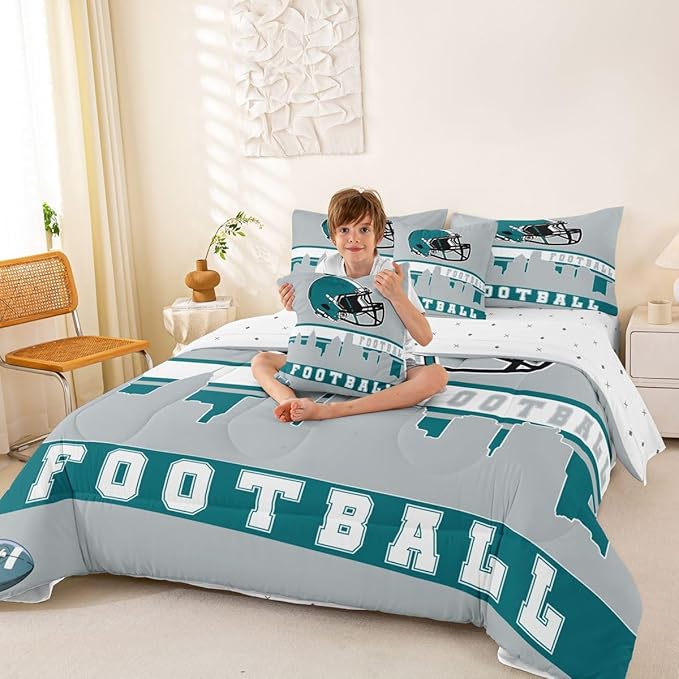 Erosebridal Football 7 Pcs Comforter Set Queen Football City Bedding for Men Grey Football Fans Sheet Set Bed in A Bag Rugby Game Room Decor Sports Ball Competition Quilt
