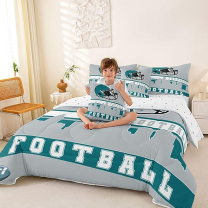 Erosebridal Football 7 Pcs Comforter Set Queen Football City Bedding for Men Grey Football Fans Sheet Set Bed in A Bag Rugby Game Room Decor Sports Ball Competition Quilt