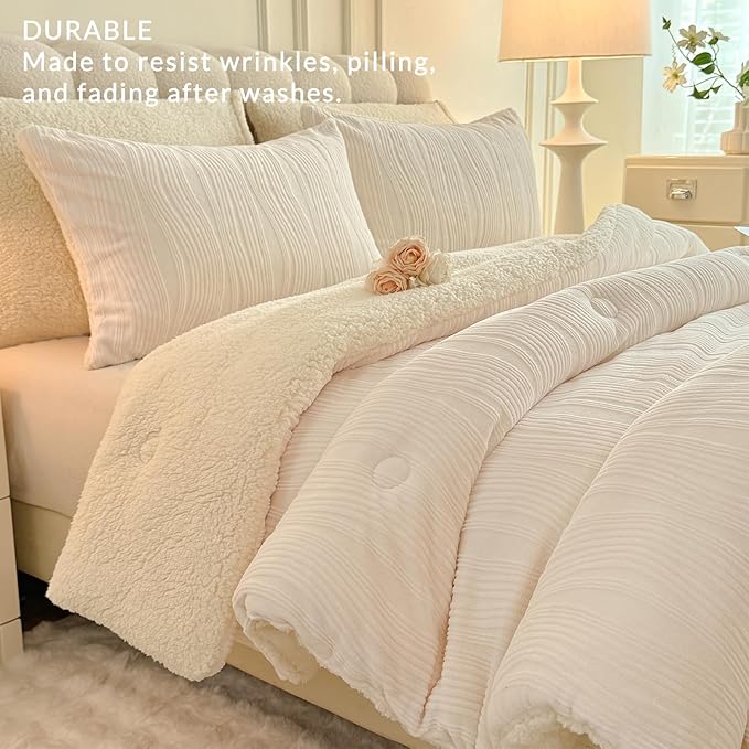 3D Striped Jacquard Sherpa Comforter Set King Size, Geometric Pattern Boho Quilt Bedding 3 Pieces Warm Cozy Fuzzy Comforter with 2 Pillowcases(104"X90" Ivory White)