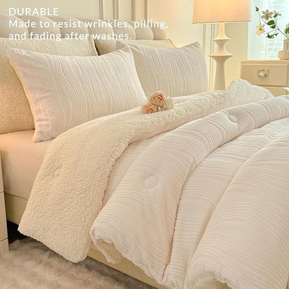 3D Striped Jacquard Sherpa Comforter Set King Size, Geometric Pattern Boho Quilt Bedding 3 Pieces Warm Cozy Fuzzy Comforter with 2 Pillowcases(104"X90" Ivory White)