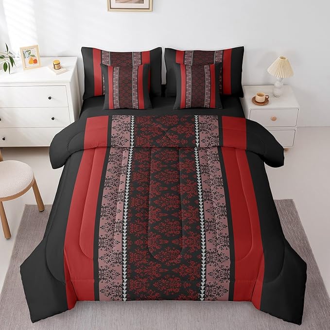 jejeloiu Adult Classic Jacquard 7 Piece Bedding Set King Size Damask Pattern Comforter Set with Sheets for Boys Girls Black Red Stripe Bed in a Bag Baroque Bed Set