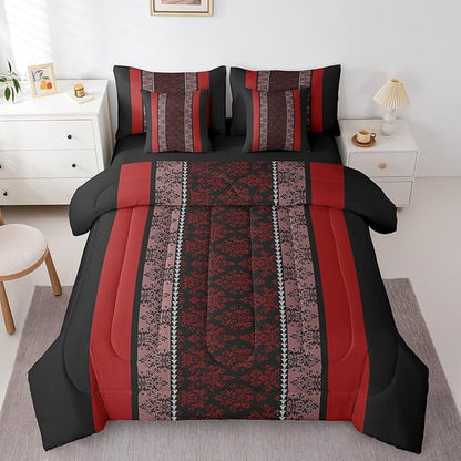 jejeloiu Adult Classic Jacquard 7 Piece Bedding Set King Size Damask Pattern Comforter Set with Sheets for Boys Girls Black Red Stripe Bed in a Bag Baroque Bed Set