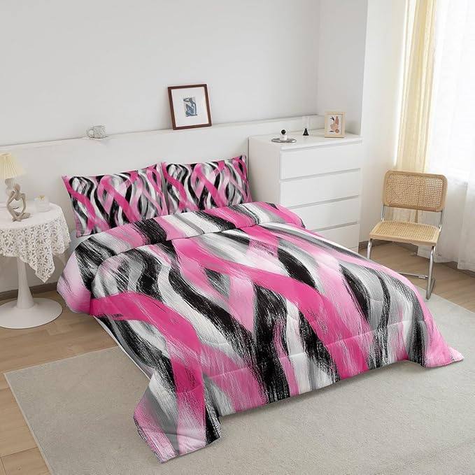 Erosebridal Geometric Striped Comforter King Modern Abstract Comforter Set Black Grey Pink Bedding Set for Kids Girls Teen Women Swirl Lines Quilt Duvet Room Decor 3 Pcs