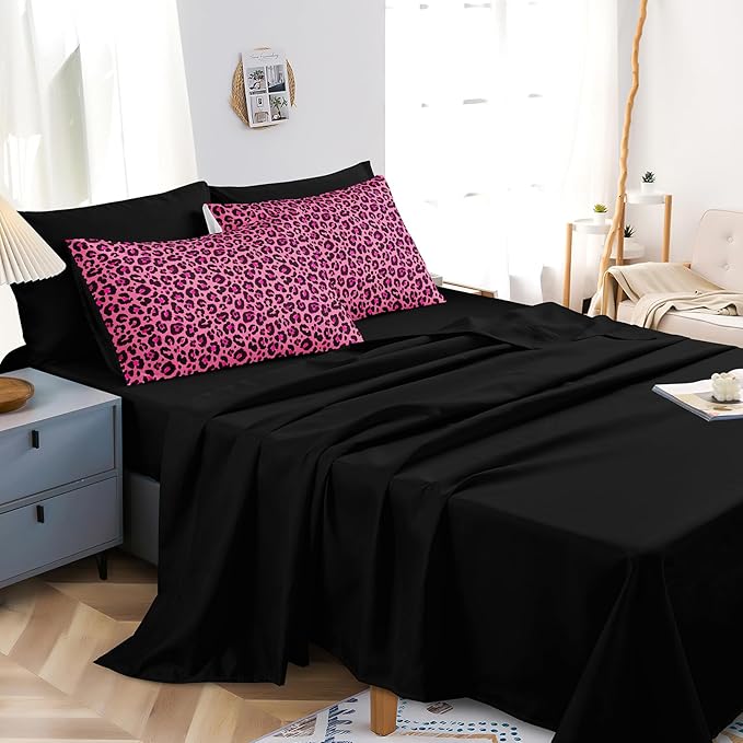 Leopard Print Comforter Queen Black and Pink Bedding Sets 8 Pcs Hot Pink Cheetah Animal Print Texture Wild Leopard Bed in A Bag with Comforter and Sheet Set