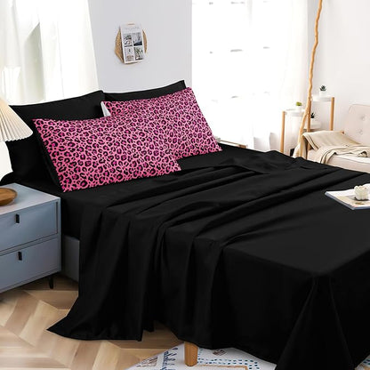 Leopard Print Comforter Queen Black and Pink Bedding Sets 8 Pcs Hot Pink Cheetah Animal Print Texture Wild Leopard Bed in A Bag with Comforter and Sheet Set
