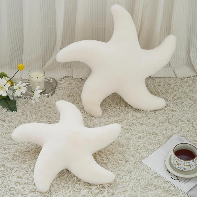 Starfish Pillow, Cute Decorative Pillows for Couch Bed, Aesthetic Room Decor Accent Pillow Plush with Soft Faux Rabbit Fur for Bedroom Living Room (Ivory White, 19.6 Inches)