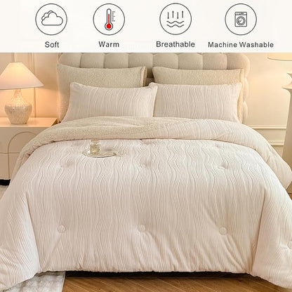3D Striped Jacquard Sherpa Comforter Set King Size, Geometric Pattern Boho Quilt Bedding 3 Pieces Warm Cozy Fuzzy Comforter with 2 Pillowcases(104"X90" Ivory White)