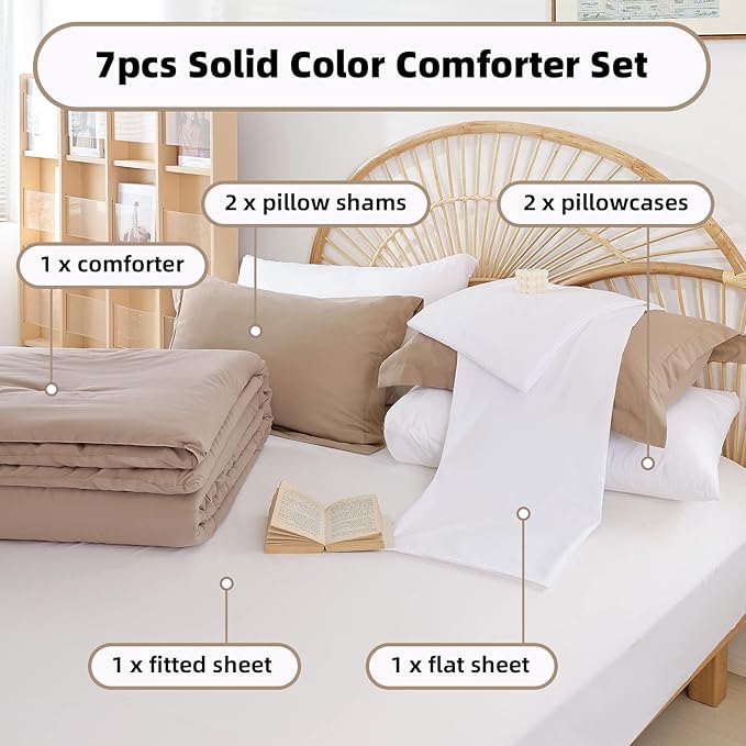 weigelia King Size Comforter Set Taupe Comforter Set 7 Pieces King Comforters Set Bed in a Bag Fluffy Bedding Set with Sheets, Pillow Shams, Pillowcases for All Season