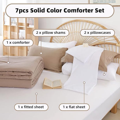 weigelia King Size Comforter Set Taupe Comforter Set 7 Pieces King Comforters Set Bed in a Bag Fluffy Bedding Set with Sheets, Pillow Shams, Pillowcases for All Season