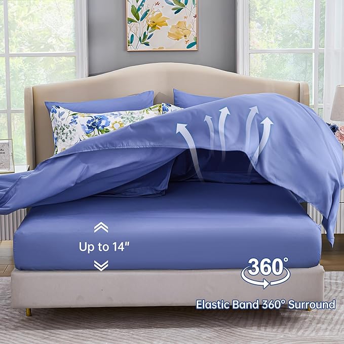 Luxudecor Floral Comforter Set King Size 7 Pieces Bed in a Bag, Blue Flower Watercolor Bed Set, Soft Comforter with Sheet Set 104"x90"