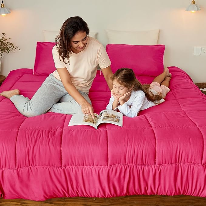 Exclusivo Mezcla Lightweight Reversible King Size Comforter Set, Down Alternative Comforter with 2 Pillow Sham, King Size Bedding Set for All Seasons, Hot Pink/Bright Pink