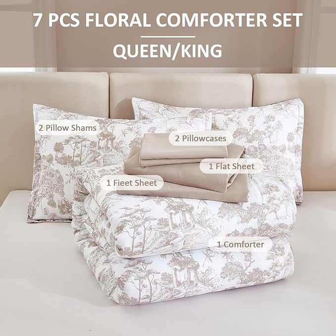 DJY Khaki Comforter Set Queen, 7 Pieces Bed in a Bag Queen Size Botanical Comforters with Sheets Elegant Plants Print Soft Microfiber Reversible Complete Bedding Sets for All Season