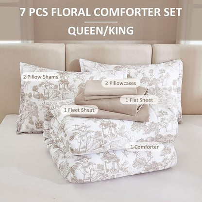 DJY Khaki Comforter Set Queen, 7 Pieces Bed in a Bag Queen Size Botanical Comforters with Sheets Elegant Plants Print Soft Microfiber Reversible Complete Bedding Sets for All Season