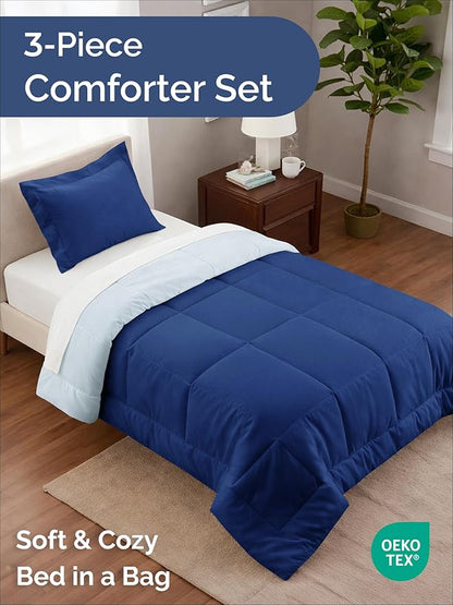 Twin Comforter Set - 2 Piece Bed Set for All Seasons - 1 Soft Quilted Comforter with Corner Tabs & 1 Pillow Sham - Comfy, Cozy & Breathable - Premium Down Duvet Insert - Twin Size, Navy Blue/Sky Blue