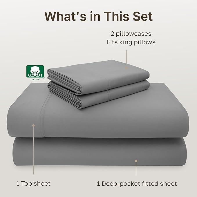 California Design Den California King Sheet Set - 100% Cotton, 600 Thread Count Deep Pocket Cal King Sheet Set, Luxury Hotel-Quality Sheets with Soft Sateen Weave - Mist Grey
