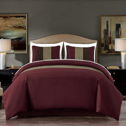 Chezmoi Collection Briar 7-Piece California King Bed in a Bag - All Season Lightweight Microfiber Comforter Set - Includes Sheets & Shams - Burgundy/Coffee/Brown Pleated Stripe Design