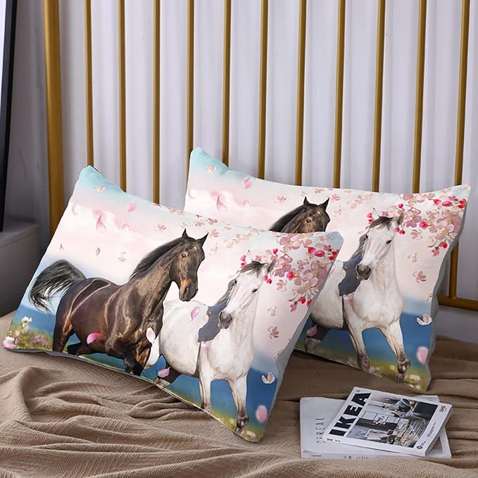 HOSIMA Horse Bedding Set for Girls - Spring Farm Animals Pink Cherry Blossom Pattern Full Size Comforter Set With 2 Pillow Shams - Western Theme Room Decor