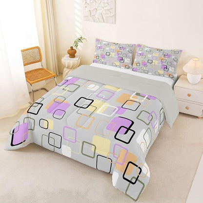 Erosebridal Retro Geometric Square Comforter Set Full Pastel Purple Grey Plaid Bedding Set Modern Abstract Checkerboard Comforter for Kids Girls Boys Checkered Latticed Quilt Duvet