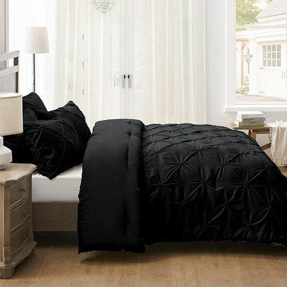 UNIKOME Queen Comforter Set Black - Ultra Soft Boho Pintuck Down Alternative Bedding Set for All Seasons, 3 Pieces Lightweight Warm Pinch Pleat Bed Set with Comforter, 2 Pillowcases