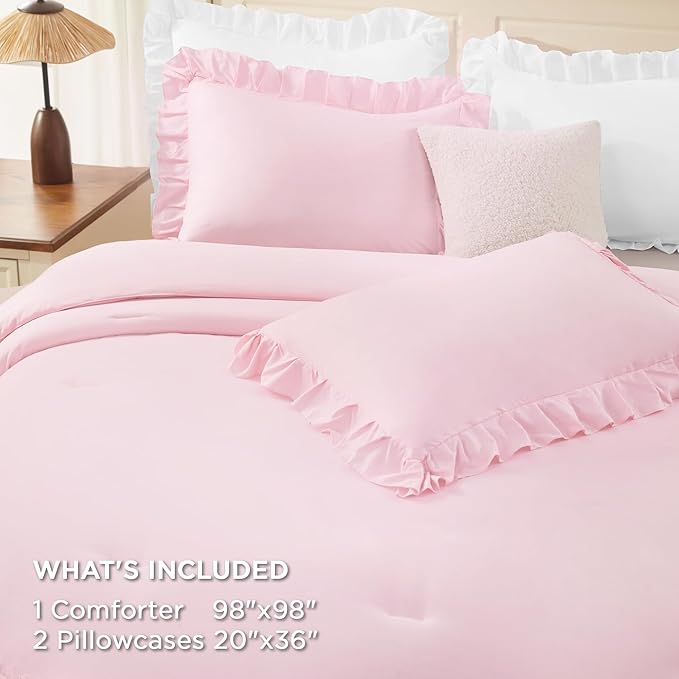 Andency Pink Oversized Queen Comforter Set, Lightweight Farmhouse Pink Ruffle Bedding Set, Soft Shabby Chic Bed Set 3 Pieces (1 Ruffle Comforter 2 Pillowcases)