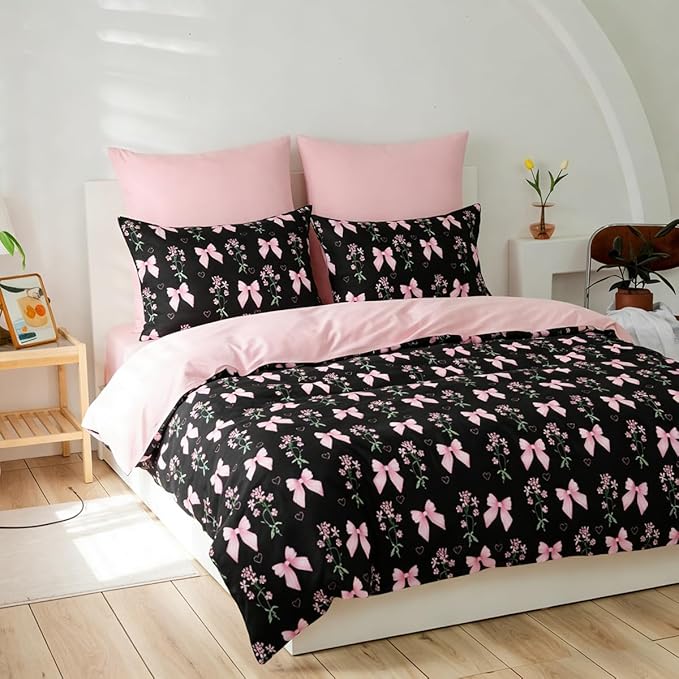 Black Pink Comforter Set Full 3 Pieces Coquette Bow Bedding Set for Girls Kids, Cute Floral Bowknot Design, Super Soft 100% Microfiber Comforter with 2 Pillowcases