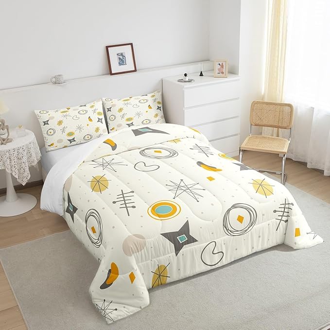 Kids Cartoon Atomic Bedding Twin Modern Mid Century Comforter Set, Retro Fifties Bedding Comforter Sets Hippie Abstract Duvet Insert, Geometric Polka Dots Down Comforter Teal Orange Room Decorative