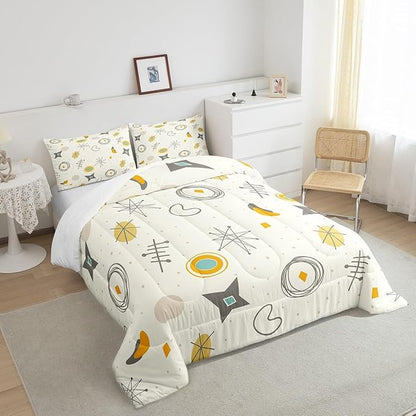Kids Cartoon Atomic Bedding Twin Modern Mid Century Comforter Set, Retro Fifties Bedding Comforter Sets Hippie Abstract Duvet Insert, Geometric Polka Dots Down Comforter Teal Orange Room Decorative