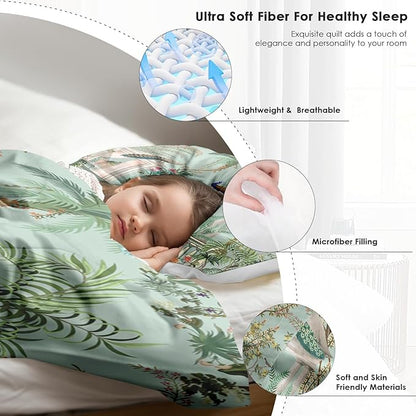 Comforter Set Twin Size, Peacock Plant Bird 2 Pcs Soft Bedding Set for Kids and Adults, Floral Tree Green Comforter Set with Pillowcase, for Bedroom Bed Decor