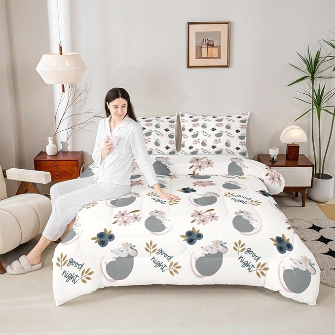 Cartoon Animals Bed Comforter Set Queen Size,Watercolor Flower Plant Super Soft Microfiber Bedding Set for Adults Teens,Cute Opossum Comforter Set,2 Pillowcases