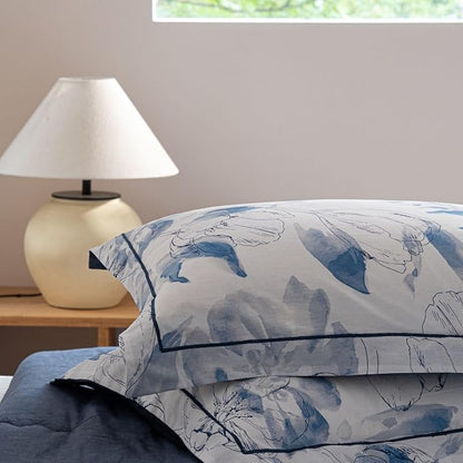 Cotton Comforter Queen Size Set – Blue Watercolor Floral Bedding, Soft & Breathable, All-Season Down-Alternative Filling, 1 Comforter & 2 Pillow Shams