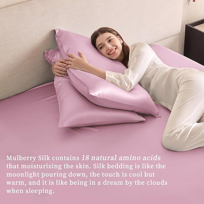 THXSILK 6A+ Top Grade 100% Pure Mulberry Silk King Fitted Sheet 3Pcs Set Bed Sheets Luxury Bedding for Hair and Skin Breathable Cooling Safe Material, 1 Fitted Sheet with 2 Pillowcases, Lavender