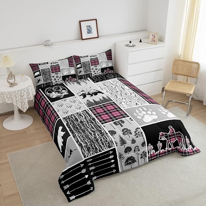 Erosebridal Western Comforter Set Queen,Bear Horse Cowboy Bedding Set,Pink Geometric Buffalo Grid Quilt,Rustic Famrhouse Duvet Insert Dream Catcher Arrow Decor 3Pcs for Kids Boys Teens Bedroom