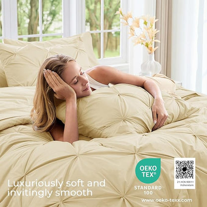Sasttie King Size Comforter Set, 7-Piece Bed in a Bag, Pintuck Bedding Set for All Season, Includes Comforter, Flat Sheet, Fitted Sheet, Pillowcases and Pillowshams, Pale Yellow