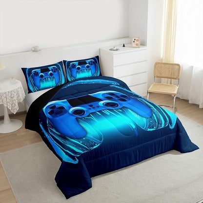 Gamer Comforter Set Full Size,Blue Headphones Musical Design Games Gamepad Bedding Set for Kids Boys Video Game Room Decor Retro Playing Gamer Down Comforter Gaming Controller Quilted Duvet Set