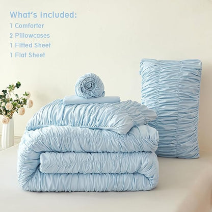PERFEMET Full Size Bed in a Bag Light Blue 5 Pieces Fluffy Boho Ruched Comforter with Sheets Luxury Soft Pleated Texture Bedding Comforter Set All Season Lightweight Vintage Ruffle Bed Sets, 79"x90"