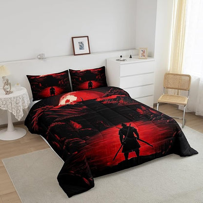 Feelyou Dragon Comforter Set King Size Japanese Style Comforter for Boys Girls Teens Samurai Bedding Set Sunset Duvet Set Room Decor Red Black Quilt Set