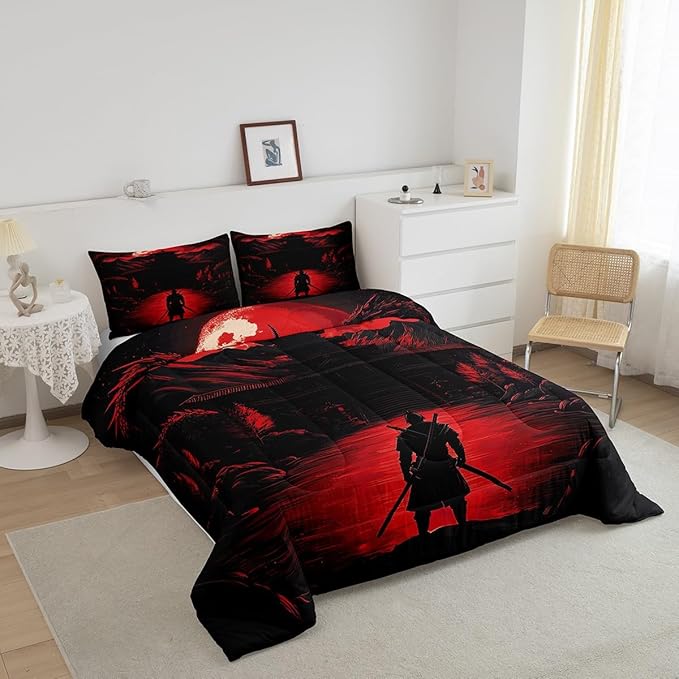Feelyou Dragon Comforter Set Full Size Japanese Style Comforter for Boys Girls Teens Samurai Bedding Set Sunset Duvet Set Room Decor Red Black Quilt Set