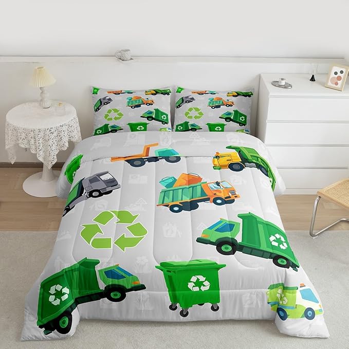 Feelyou Boys Green Garbage Truck Bedding Set Cartoon Trash Truck Comforter Set for Kids Boys Girls Teens Green Vehicle Car Comforter Garbage Truck Toy Duvet Set Full Size with 2 Pillow Case