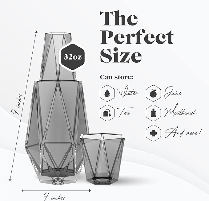 American Atelier 37 oz Modern Geometric Bedside Carafe & Cup Set – 9" Glass Water Carafe with Lid for Nightstand, Office, Guest Room, Hydration, Juice & Mouthwash Storage, Stylish Drinkware (Grey)