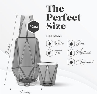 American Atelier 37 oz Modern Geometric Bedside Carafe & Cup Set – 9" Glass Water Carafe with Lid for Nightstand, Office, Guest Room, Hydration, Juice & Mouthwash Storage, Stylish Drinkware (Grey)